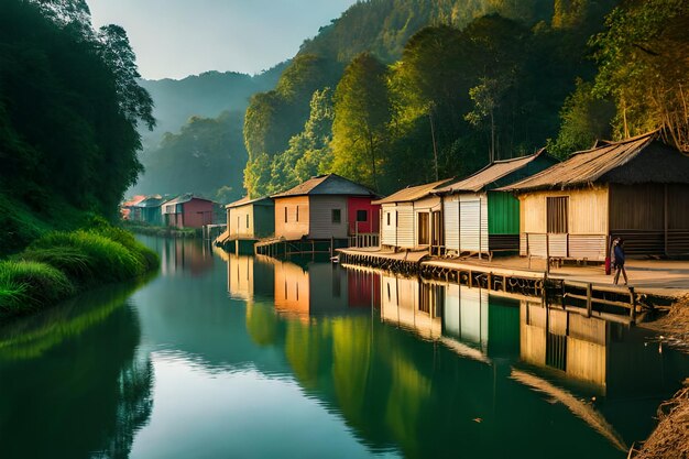 une rangée de maisons le long d'une rivière avec le reflet des montagnes dans l'eau.