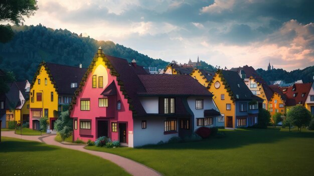 Une rangée de maisons avec le mot " le mot " sur le devant. "