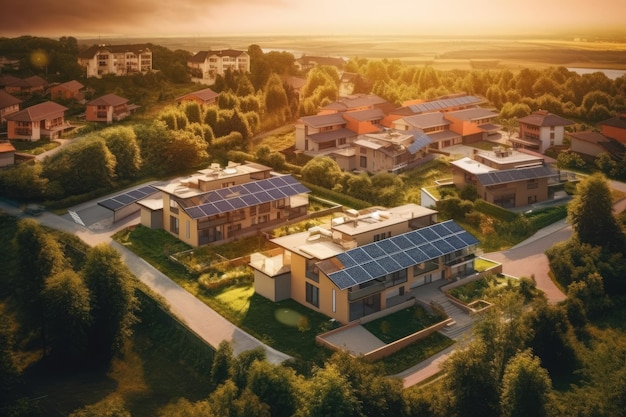 Une rangée de maisons avec un panneau solaire sur le toit AI Generated