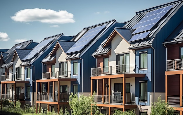 Une rangée de maisons avec des panneaux solaires sur le toit.