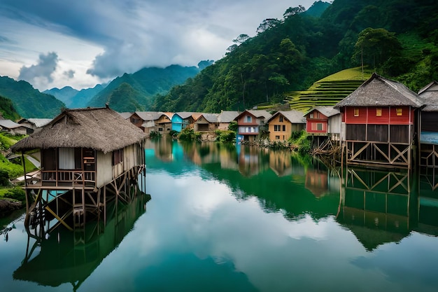 Une rangée de maisons sur la rivière au laos