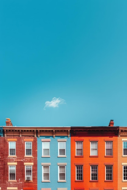 Une rangée de maisons à terrasses colorées contre un ciel bleu