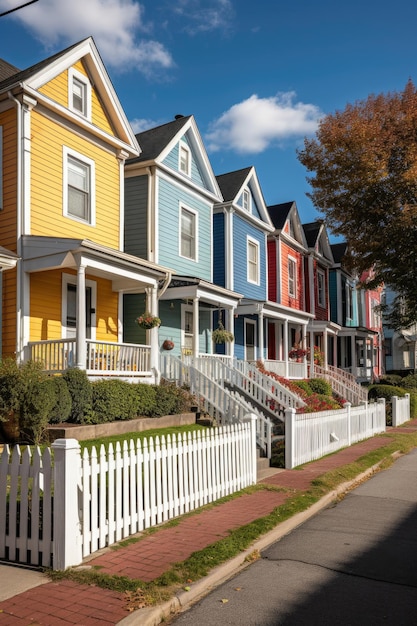 Une rangée de maisons de ville colorées avec des clôtures de piquet blanches créées avec de l'AI générative