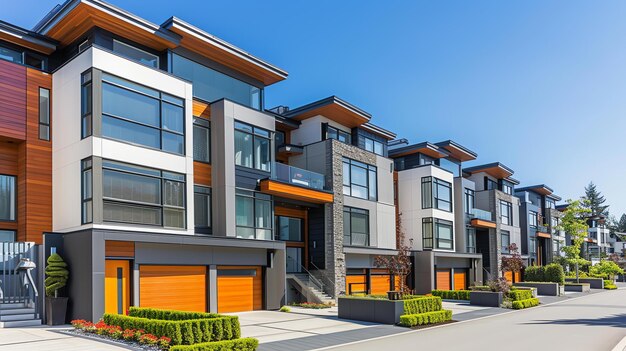 Une rangée de maisons de ville modernes avec de grandes fenêtres et des portes de garage orange