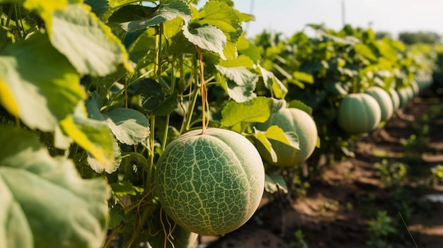 Une rangée de melons sur un champ