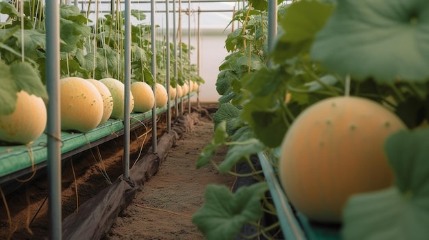 Une rangée de melons dans une serre