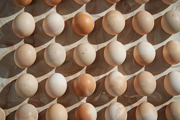 Une rangée d'œufs frais sur une surface blanche avec la lumière du soleil sur eux