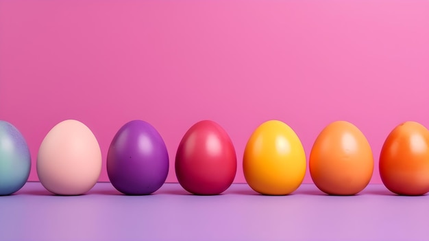 Une rangée d'oeufs de pâques colorés sur fond rose