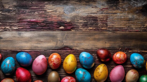 Une rangée d'oeufs de pâques colorés sur une table en bois