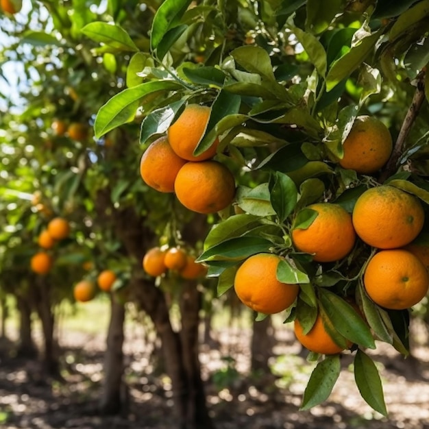 Une rangée d'oranges sur un arbre aux feuilles vertes.