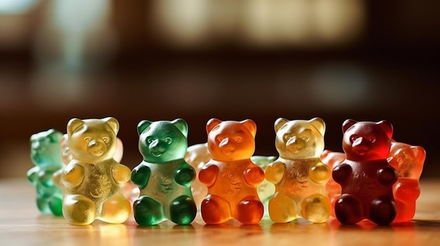 Une rangée d'oursons gommeux sont alignés sur une table.