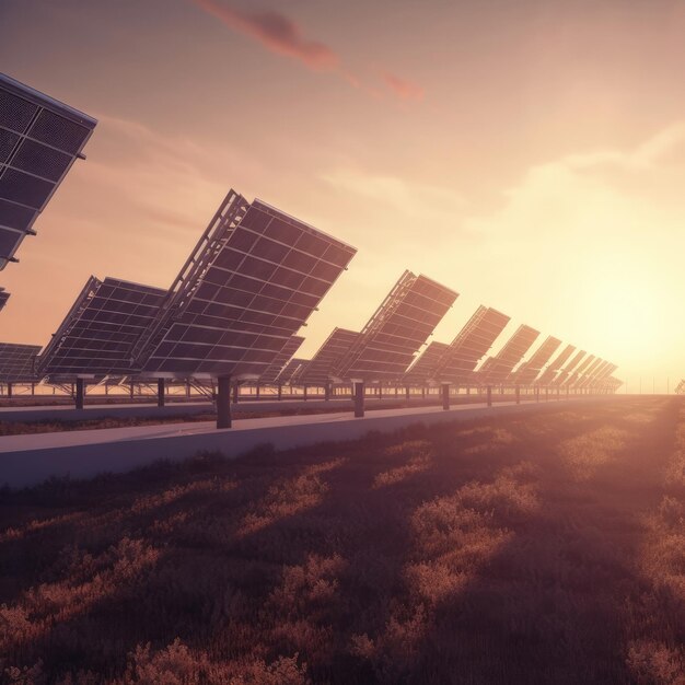 Une rangée de panneaux solaires avec le soleil se couchant derrière eux.