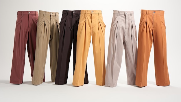 une rangée de pantalons khaki sur fond blanc.