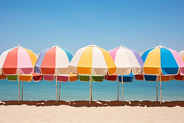 Une rangée de parapluies de plage colorées au coucher du soleil