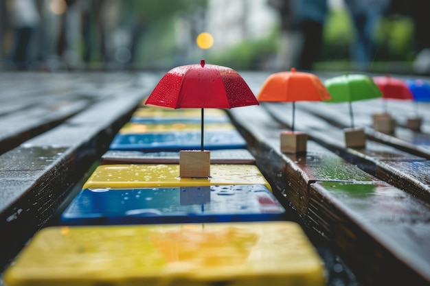 une rangée de parapluies avec un qui a le numéro 3 sur elle