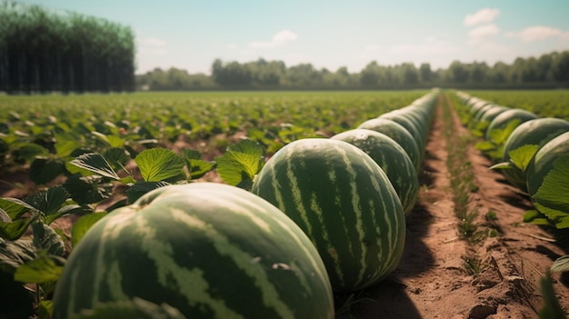 Une rangée de pastèques dans un champ