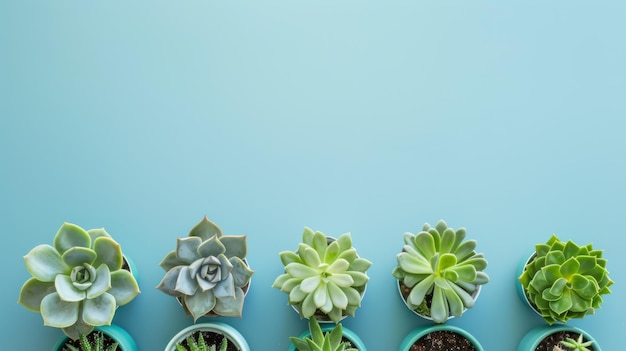 Une rangée de petites succulentes sur fond bleu