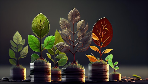 Une rangée de piles de pièces avec une plante qui en sort Feuille d'arbre sur des pièces d'argent d'économie Finance d'entreprise économie concept d'investissement bancaire