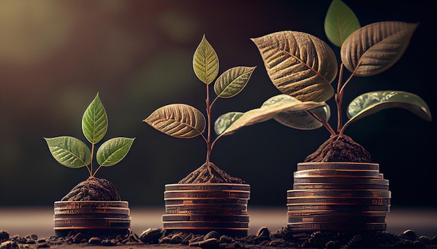 Une rangée de piles de pièces avec une plante qui en sort Feuille d'arbre sur des pièces d'argent d'économie Finance d'entreprise économie concept d'investissement bancaire