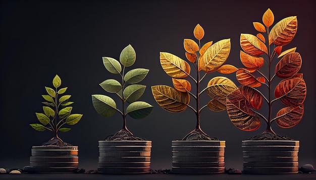 Une rangée de piles de pièces avec une plante qui en sort Feuille d'arbre sur des pièces d'argent d'économie Finance d'entreprise économie concept d'investissement bancaire