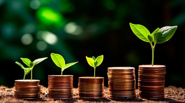 Photo une rangée de piles de pièces avec une plante qui en sort feuille d'arbre sur des pièces d'argent d'économie finance d'entreprise sauver le concept d'investissement bancaire ai générative