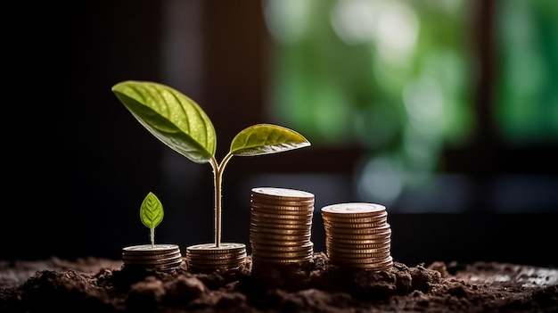 Une rangée de piles de pièces avec une plante qui en sort