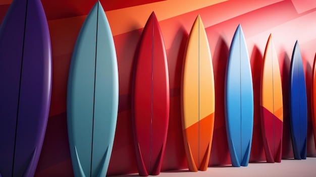 Une rangée de planches de surf colorées contre un mur rouge et orange