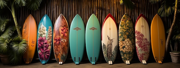 Une rangée de planches de surf de différentes couleurs repose sur un mur de bois rustique tropical