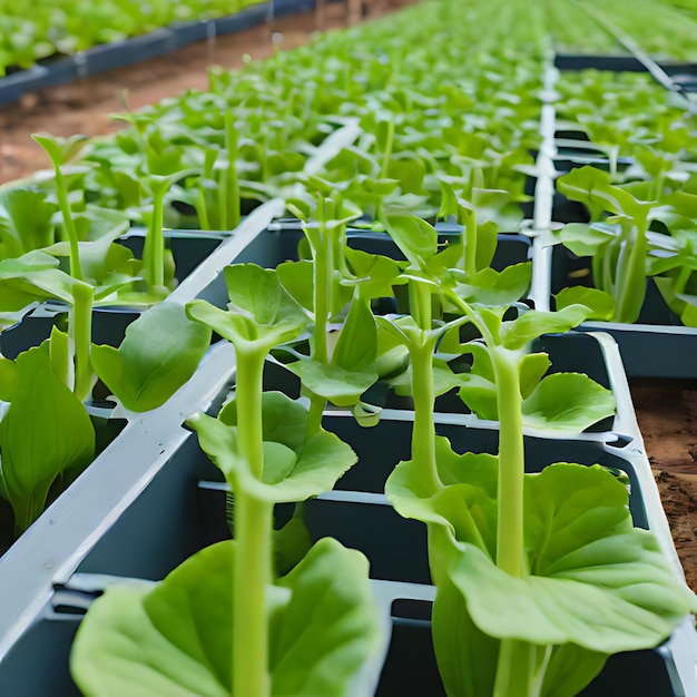 une rangée de plantes avec un fond bleu avec un signe qui dit citation de laitue sur elle