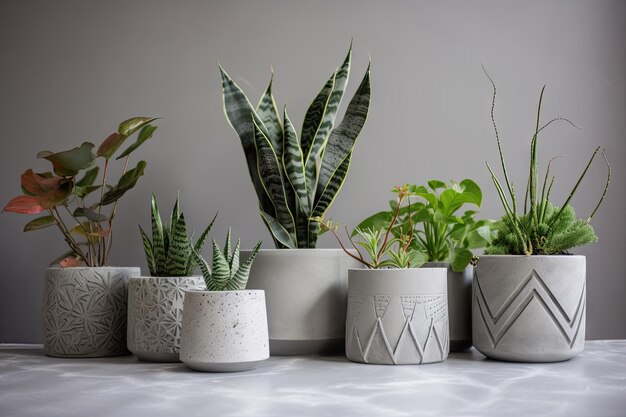 Rangée de plantes d'intérieur dans des pots de fleurs en béton, chacun avec son propre design unique