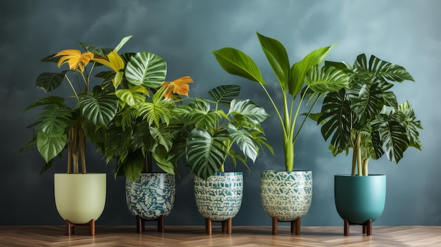 Une rangée de plantes en pot sur une table en bois