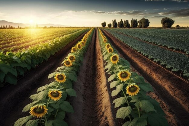 Rangée de plants de tournesol sur le terrain de la ferme avec des jardins potagers créés avec une IA générative