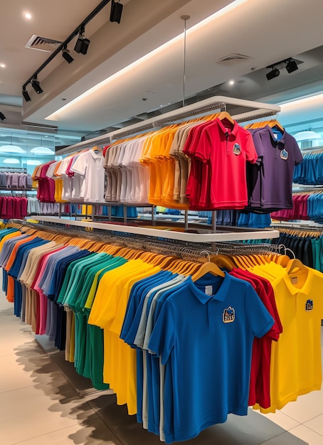 Rangée de polos à la mode pour homme sur un cintre ou un support en bois dans un magasin de vêtements