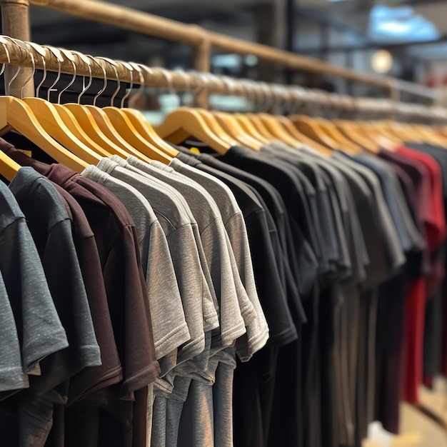 Rangée de polos à la mode pour homme sur un cintre ou un support en bois dans un magasin de vêtements