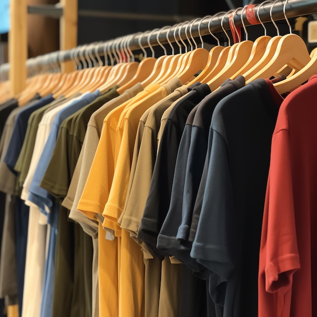 Rangée de polos à la mode pour homme sur un cintre ou un support en bois dans un magasin de vêtements