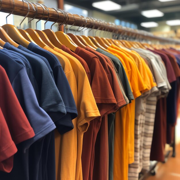 Rangée de polos à la mode pour homme sur un cintre ou un support en bois dans un magasin de vêtements