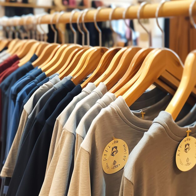 Photo rangée de polos à la mode pour homme sur un cintre ou un support en bois dans un magasin de vêtements