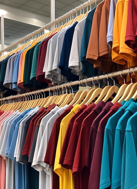 Rangée de polos à la mode pour homme sur un cintre ou un support en bois dans un magasin de vêtements