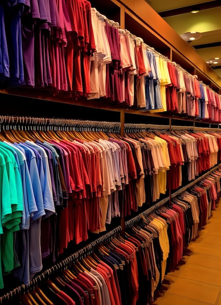 Rangée de polos à la mode pour homme sur un cintre ou un support en bois dans un magasin de vêtements