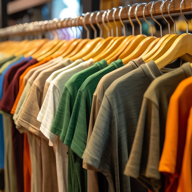 Rangée de polos à la mode pour homme sur un cintre ou un support en bois dans un magasin de vêtements