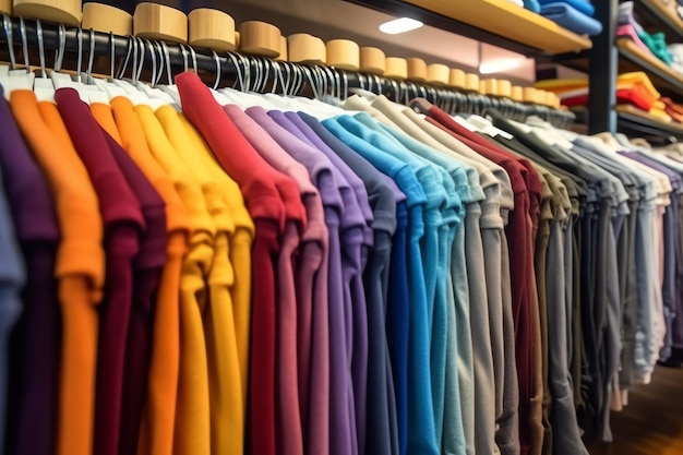 Rangée de polos à la mode pour homme sur un cintre ou un support en bois dans un magasin de vêtements