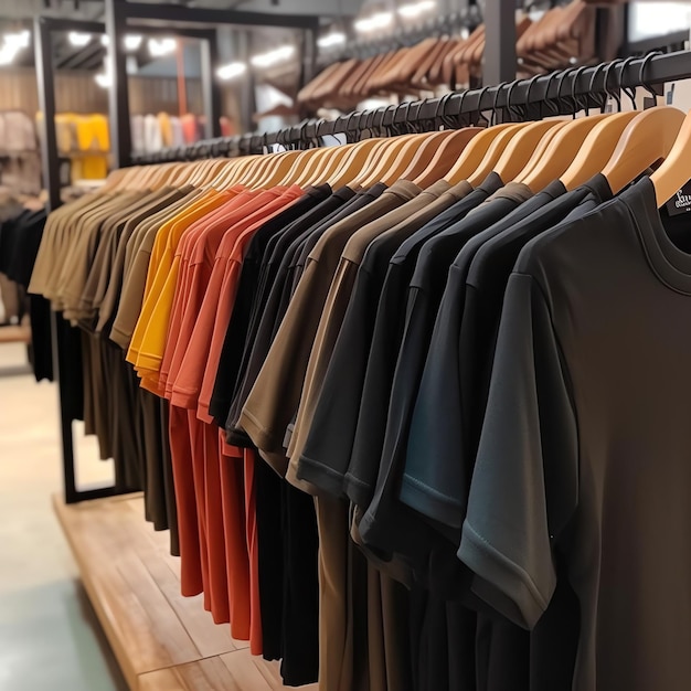 Rangée de polos à la mode pour homme sur un cintre ou un support en bois dans un magasin de vêtements