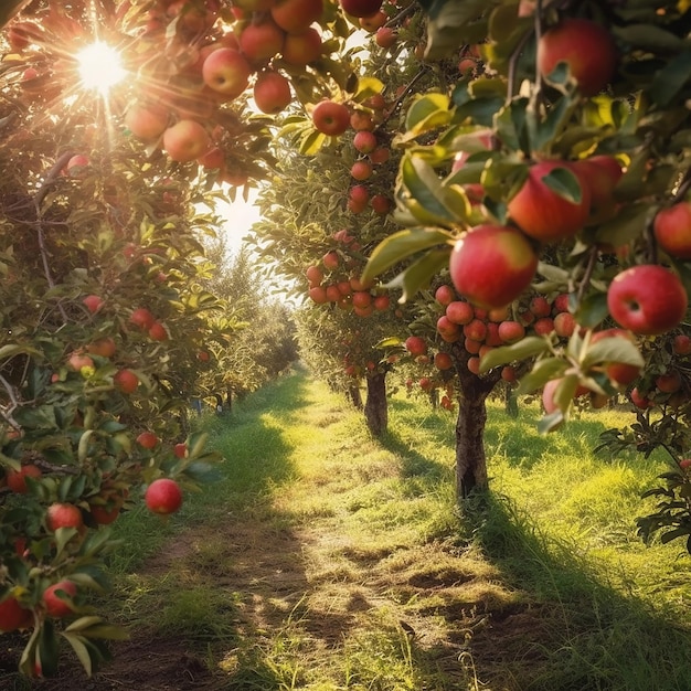 Une rangée de pommes sont sur un arbre dans un verger