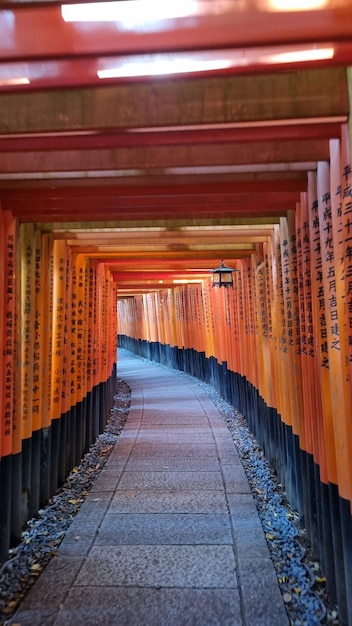 Une rangée de portes torii de couleur orange avec le mot fushimi sur le dessus.