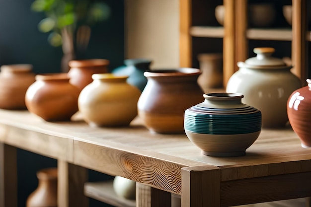 Une rangée de poteries sur une table avec un pot sur le dessus.