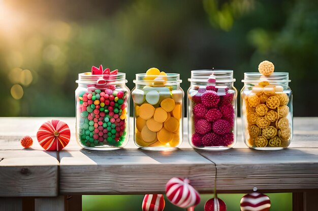 Photo une rangée de pots de bonbons avec un bonbon rouge et jaune sur le dessus.