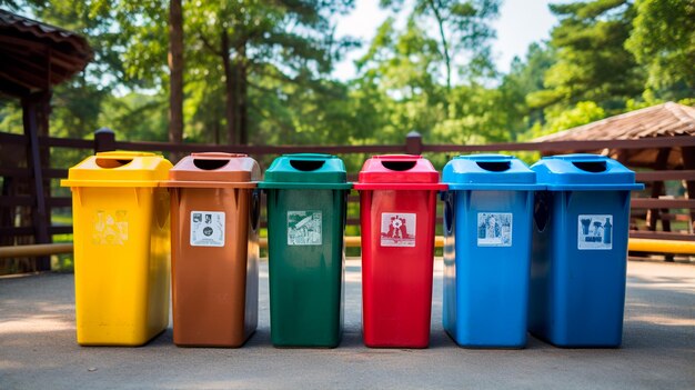 Photo une rangée de poubelles colorées dans un parc
