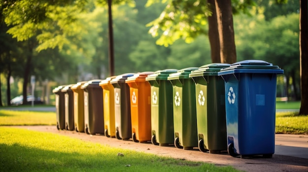 Une rangée de poubelles de recyclage dans un parc urbain bien entretenu