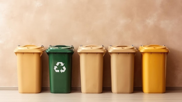 Une rangée de poubelles avec un symbole de recyclage sur le devant.