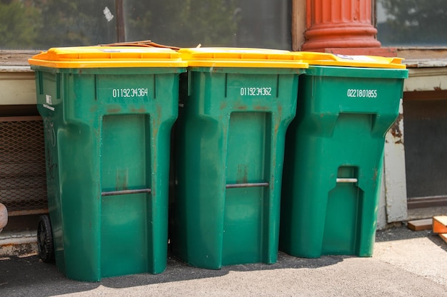 Une rangée de poubelles vertes et jaunes sont alignées sur un trottoir.